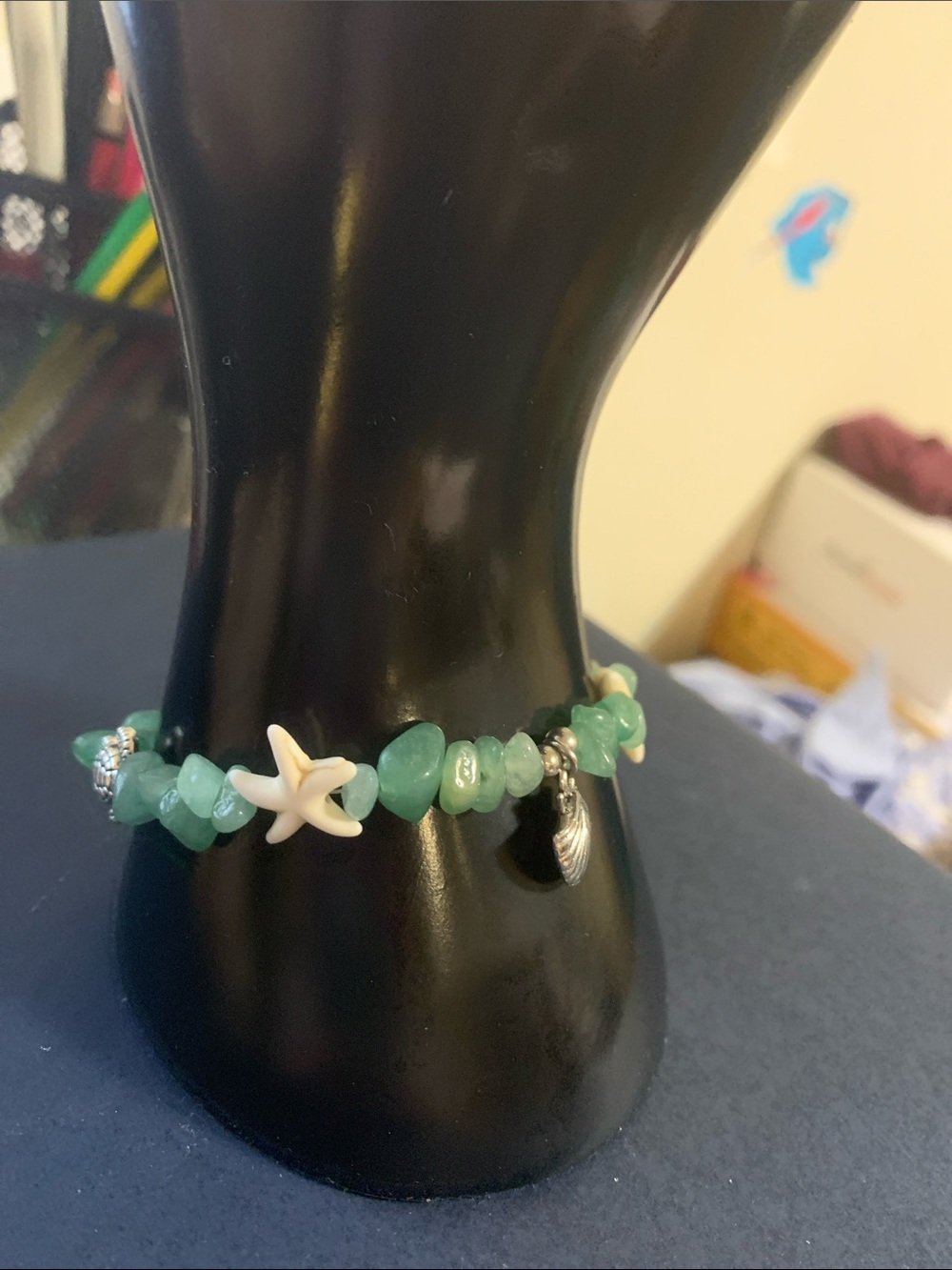 Green Sea Glass Chip Bracelet with White Starfish Charm